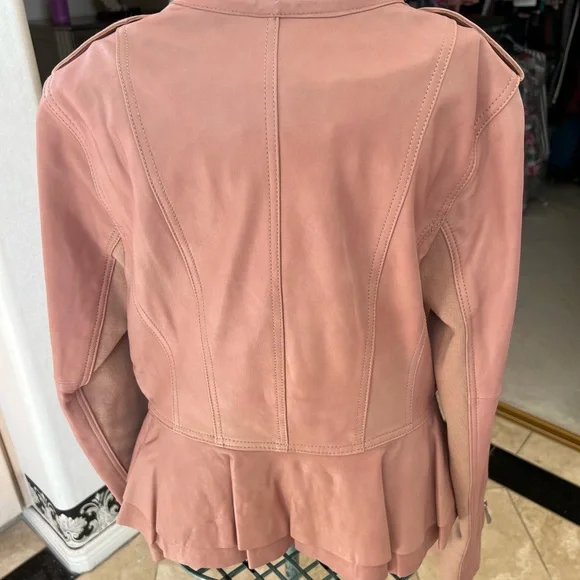 BCBG dusky pink leather peplum jacket